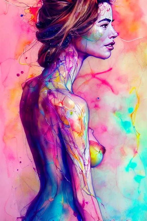 Image similar to sophia vergara by agnes cecile enki bilal moebius, intricated details, 3 / 4 back view, hair styled in a bun, bendover posture, full body portrait, extremely luminous bright design, pastel colours, drips, autumn lights