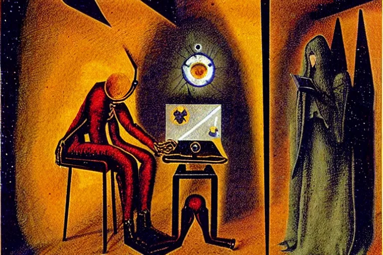 Image similar to a tarot card intricate of a cybernetic technomancer wizard consulting his AI by Remedios Varo
