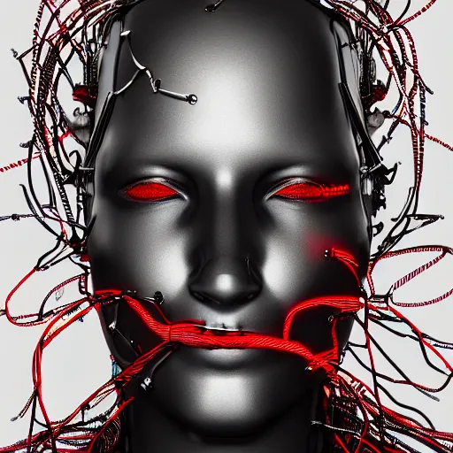 Prompt: highly detailed 3 d render of a cyborg head and face made from extreme numbers of electrical wires, red, black, silver, gold, by russian artist igor goryunov, 8 k resolution, photo realistic symmetrical