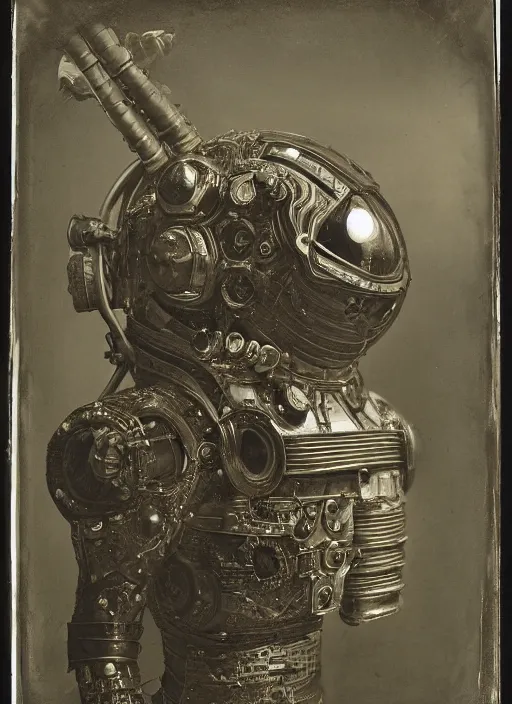 Image similar to old wetplate daguerreotype portrait of a futuristic silver armored space astronaut, fractal, intricate, elegant, highly detailed, parallax, leica, medium format, subsurface scattering, by jheronimus bosch and greg rutkowski and louis jacques mande daguerre