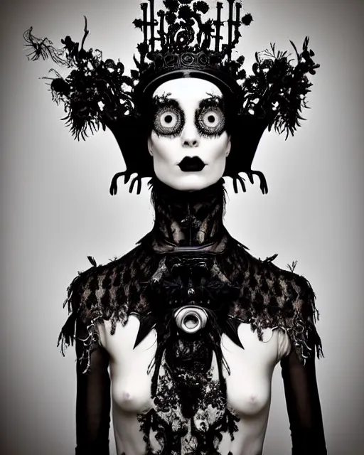 Prompt: surreal dark poetic black and white photo portrait of complex bio-mechanical beautiful young silver female vegetal-cyborg with a fur metal fine lace face, a very long neck and a fine metal floral foliage super big gothic lace collar and crown by Vivienne Westwood:: smoke, high fashion, haute couture, rococo, avant-garde, silver filigree details, anatomical, facial muscles, cable wires, microchip, elegant, dreamy, foggy atmosphere, hyper realistic, 150 mm lens, soft rim light, octane render, unreal engine, picture was taken in 1910 by Man Ray, volumetric lighting, dramatic light,8k,