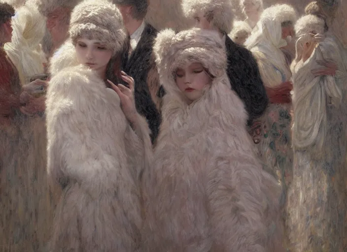 Image similar to people with white fur outside office, portrait face, in the style of jeremy enecio, intricate, miles johnston, monet, cynical realism, john william godward, painterly, yoshitaka amano, miles johnston, louise zhang, pekka halonen, finnish naturalism, realism