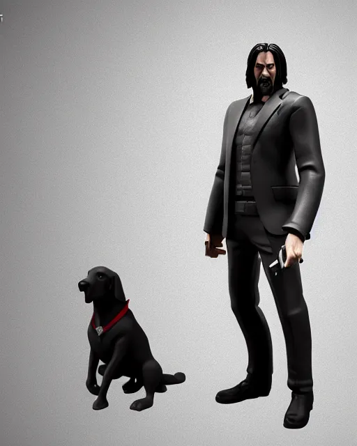 Image similar to full body 3d render of John Wick as a stylized action figure, studio lighting, white background, blender, trending on artstation, 8k, highly detailed