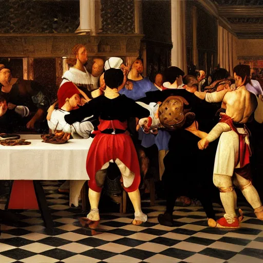 Prompt: family fighting at burger king, renaissance, high quality high detailed painting by caravaggio, hd, photorealistic lighting