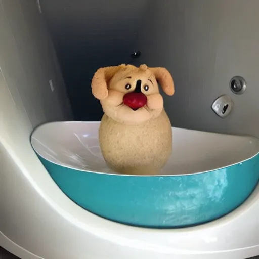 Prompt: mister potatoe surfing in a bathtub