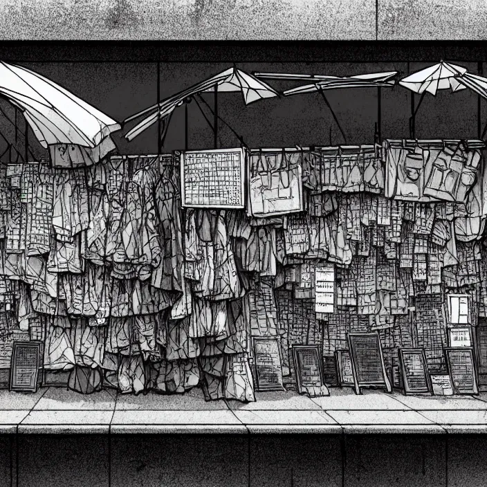Image similar to close view of a market stall. folded umbrellas on the stall. set in a square. background of an old soviet monument. storyboard, scifi cyberpunk. by gabriel hardman, joe alves, chris bonura. cinematic atmosphere, detailed and intricate, perfect anatomy