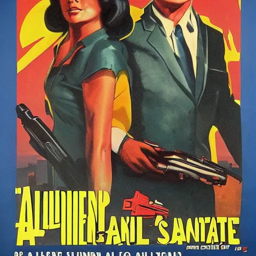 Image similar to a 1 9 7 0's b - movie poster for a movie about a man with two shotguns for legs and two shotguns for arms, his beautiful new girlfriend alien and his main villain, the state senator of kentucky richard croc