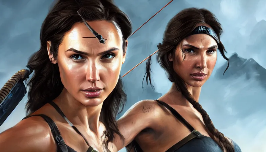 Prompt: Digital painting of Gal Gadot as Lara Croft in Tomb Raider, hyperdetailed, artstation, cgsociety, 8k