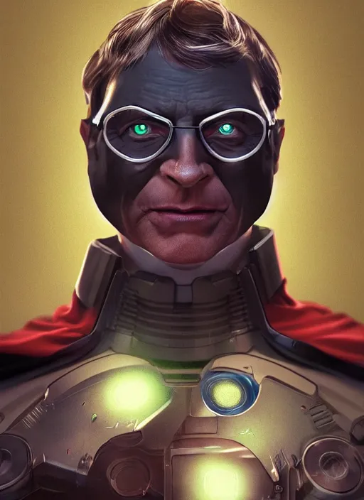 Image similar to big - headed bill gates superhero, hyper detailed, digital art, trending in artstation, cinematic lighting, studio quality, smooth render, unreal engine 5 rendered, octane rendered, art style by klimt and nixeu and ian sprigger and wlop and krenz cushart.