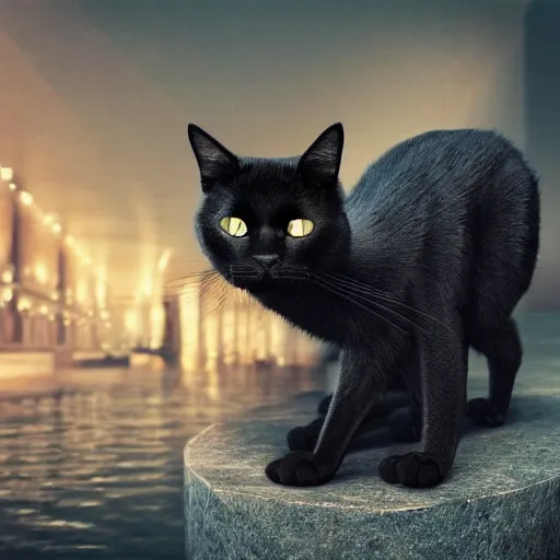 Image similar to a full-body shot of a black void cat with golden glowing eyes, fairytale, beautiful, intricate, elegant, ornate, super detailed, Octane render, reflections