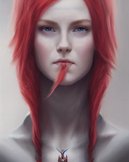 Image similar to a detailed matte oil on canvas head on symmetrical portrait of a distinguished elven woman with red hair on an empty background, by charlie bowater, wlop, trending on artstationhd, dungeons and dragons art, critical role