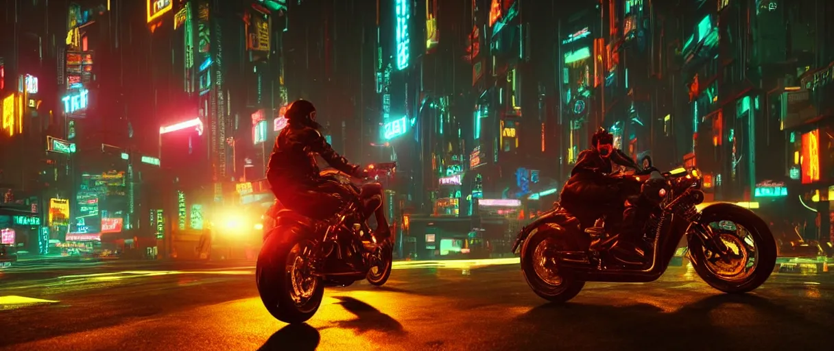 Image similar to a leather-clad thief on a motorcycle making a getaway in a glowing neon cyberpunk city at night by Karl Thiart, unreal engine, cinematic atmosphere, close up viewed from below