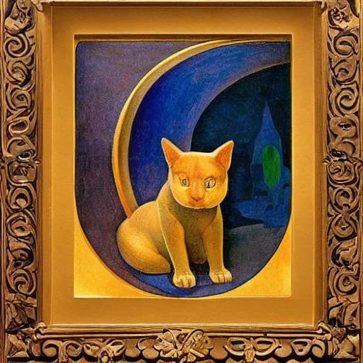 Prompt: painting of a cloisonne cat figurine, by annie swynnerton and diego rivera and nicholas roerich and jean delville, symbolist, dramatic lighting, god rays, art brut, rich colors, smooth, sharp focus, extremely detailed, adolf wolfli and ( donato giancola and bilibin )