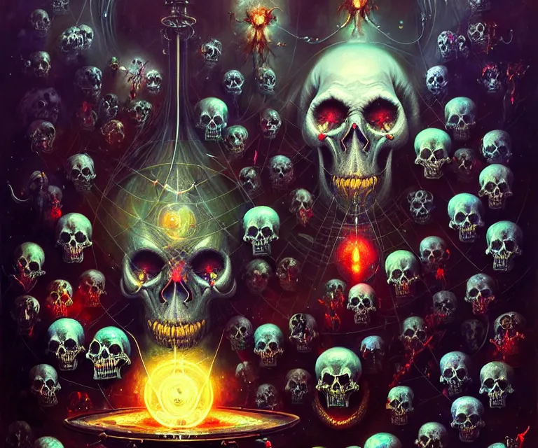 Image similar to living beneath the skin, sparkling spades of spirits, megical world of woundering things, concept art, heavenly artwork by basil gogos jackson pollock, tom bagshaw, psychedelic art. atoms surrounded by skulls and spiritshorror, sci - fi, surrealist painting, by peter mohrbacher anato finnstark