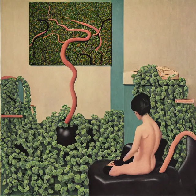 Image similar to a female pathology student in her apartment, wrapped in vines, medical equipment, stepping stones, octopus, pig, black walls, ikebana, black armchair, sculpture, acrylic on canvas, surrealist, by magritte and monet