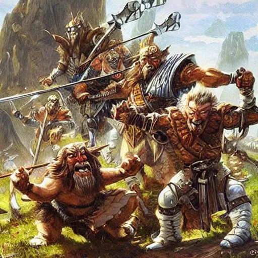 Image similar to DnD dwarves fighting goblins. Epic painting by james gurney.