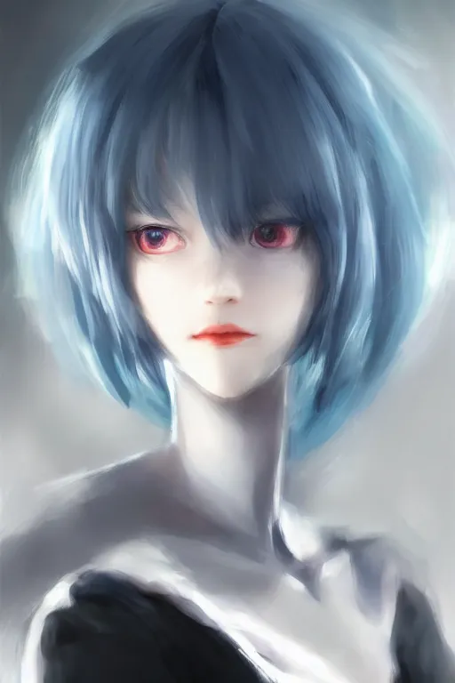 Prompt: a perfect, amazing, beautiful CG digital concept art of Rei Ayanami with black hair. By Ruan Jia and Fenghua Zhong, trending on ArtStation