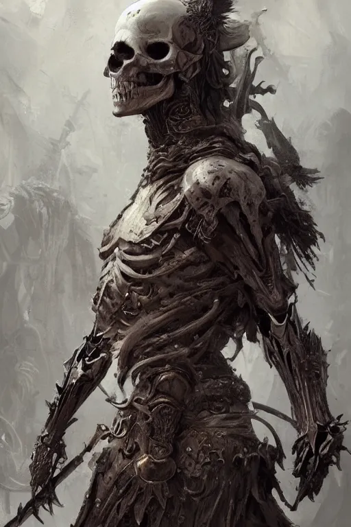 Image similar to skeleton warrior, dark, intricate, highly detailed, epic, digital painting, artstation, concept art, digital illustration by Ruan Jia and Mandy Jurgens and Wayne Barlowe and Greg Rutkowski and Zdislav Bekinski