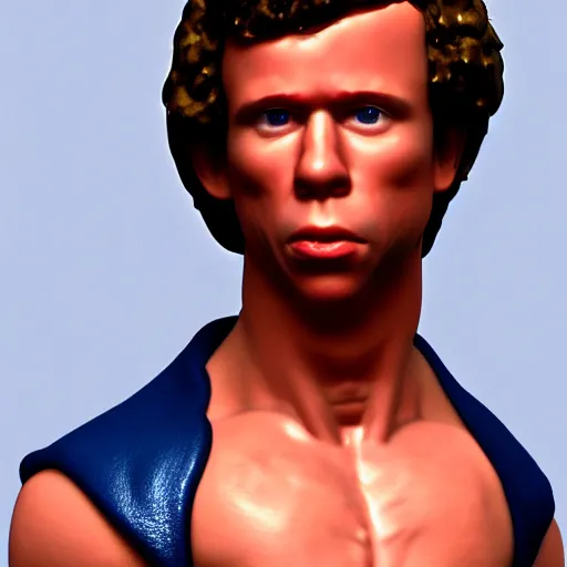 Image similar to napoleon dynamite with the body of arnold schwarzenegger, 8 k, ultra realistic, photorealistic, fine details