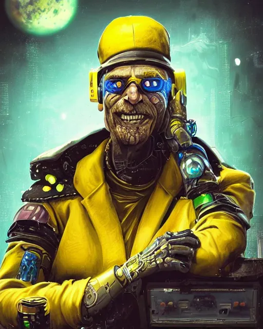 Prompt: an intimate portrait of a gnarly human cyberpunk captain, old skin, faded hat, robot hands, charming, strong leader, green eyes, a look of cunning, big smile, detailed matte fantasy painting, the planets and night war rages behind him, yellow and blue and cyan
