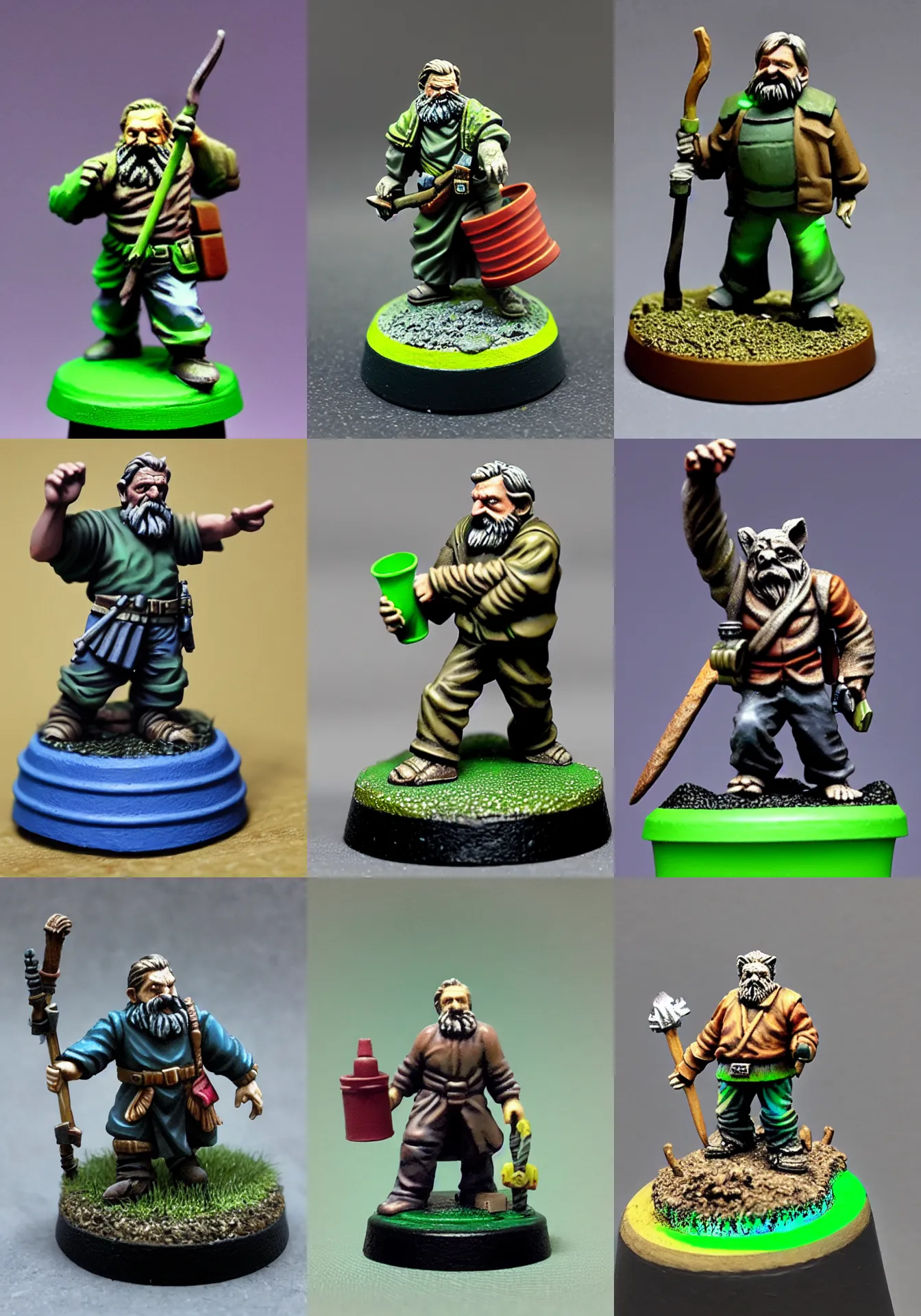 Prompt: slavoj zizek with glowing trashcan of ideology, resin miniature, 2 8 mm heroic scale, games workshop, druid, citadel colour, osl, nmm, r / paintedminis, round base, fantasy ttrpg, dungeons and dragons, wilde shape : raccoon, reaper minis
