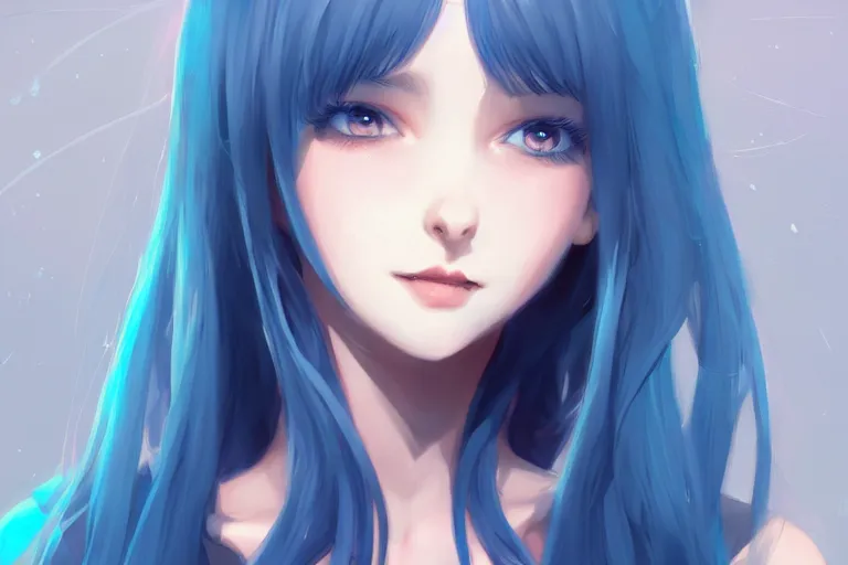 Image similar to Beautiful girl, blue hair, symmetrically, smiling, pixiv, trends artstation, artist WLOP artstation, artist Mam BA artstation