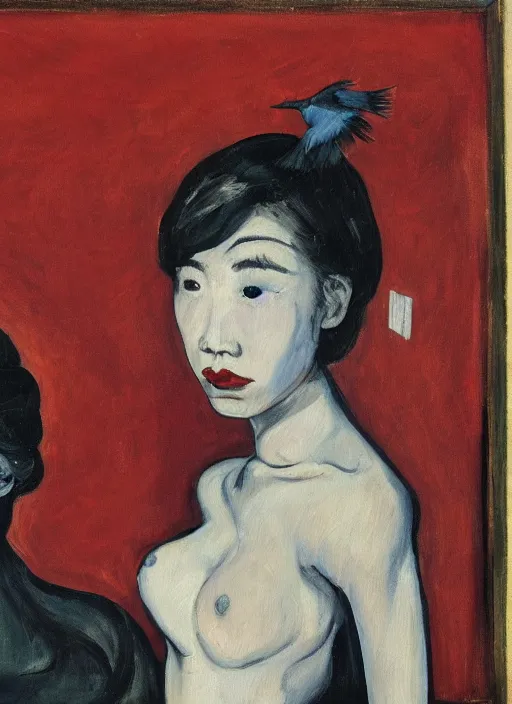 Prompt: a painting of gorgeous asian college girl standing on the knees with frozen cold stare, blood red background, transparent gray dresses, crows flying with red eyes trapped in the void as a symbol of death, in style of Edward Hopper, surrealism of Francis Bacon painting, John Singer Sargant, Chaim Soutine and Frank Auerbach, American Gothic, 8k, ultradetailed