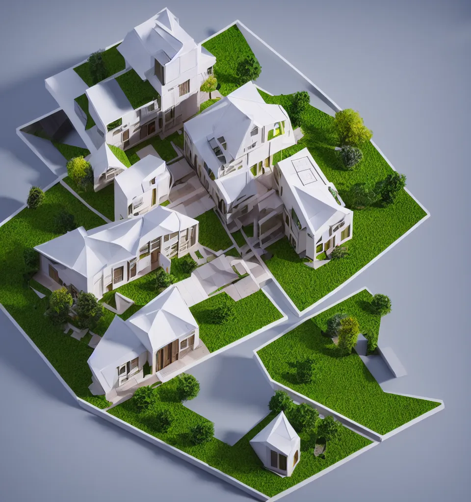 Prompt: architectural model, isometric view, 3 d render, studio lighting, low contrast, brightly lit studio, highly detailed, a thick house with triangular plan and circular windows, mansard roof, post - modernism, high tech, pool, tree