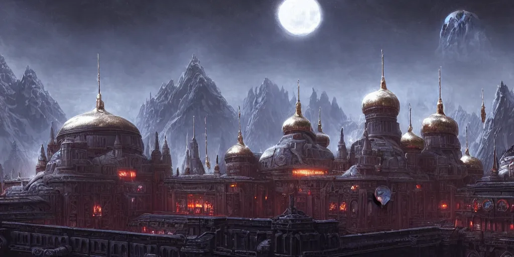 Prompt: a beautiful highly detailed matte painting of a huge imperial Russian futuristic brutalist palace, snow capped mountains in the background, black domes and radio spires with blinking lights, Space Hulk, WarHammer 40k by Jose Daniel Cabrera Pena and Leonid Kozienko, concept art-H 640