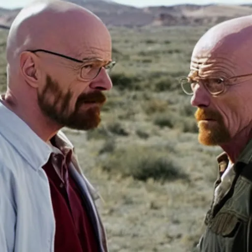 Prompt: still of walter white meeting dr. emmett brown scene