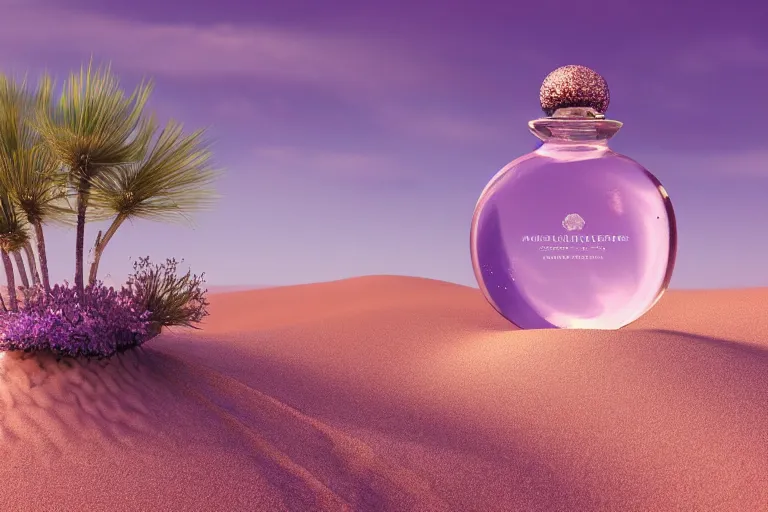 Image similar to perfume bottle buried in glittering oasis in the middle of a desert with little flowers, soft lilac skies, silky smooth, dramatic, mid day, sand dune background, large scale, wind - swept, lots of detail, realistic lighting, octane render, by wlop, artgerm, trending on artstation