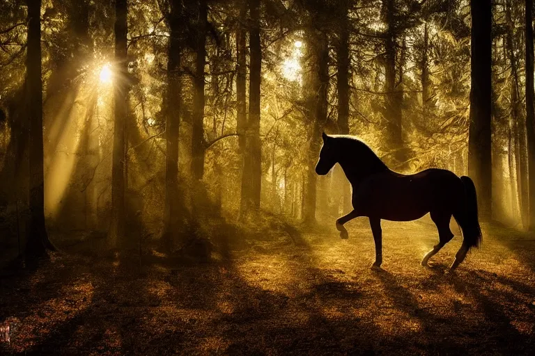 Image similar to beautiful horse in the forest evening natural light by Emmanuel Lubezki