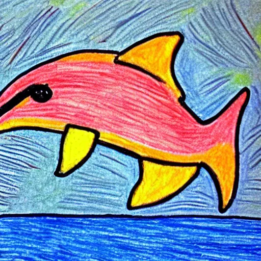 Prompt: child's crayon drawing of a dolphin in the style of mexican folk art