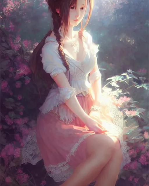 Image similar to aerith gainsborough in lace skirt, portrait, illustration, rim light, top light, perfectly shaded, soft painting, art by krenz cushart and wenjun lin