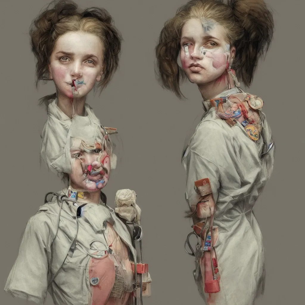 Image similar to clowncore pastel punk young hospital nurse wearing stylish uniform. detailed, portrait, 8 k, artwork by jean - baptiste monge