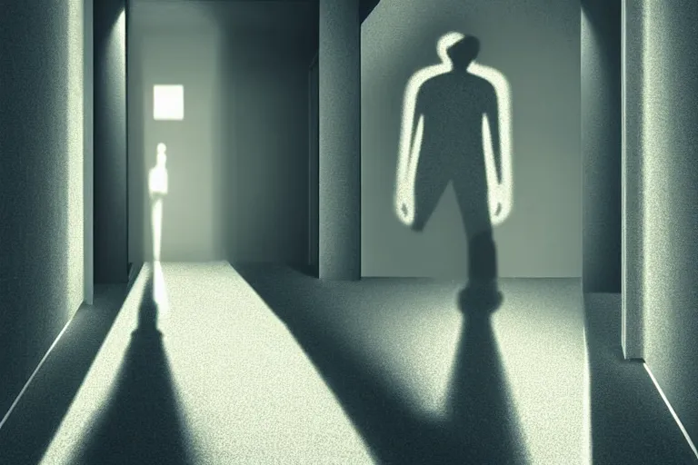 Image similar to a translucent shadow man walks down the carpeted hallway of a suburban house at night. moonlight shines through the window at the end, digital art 4 k