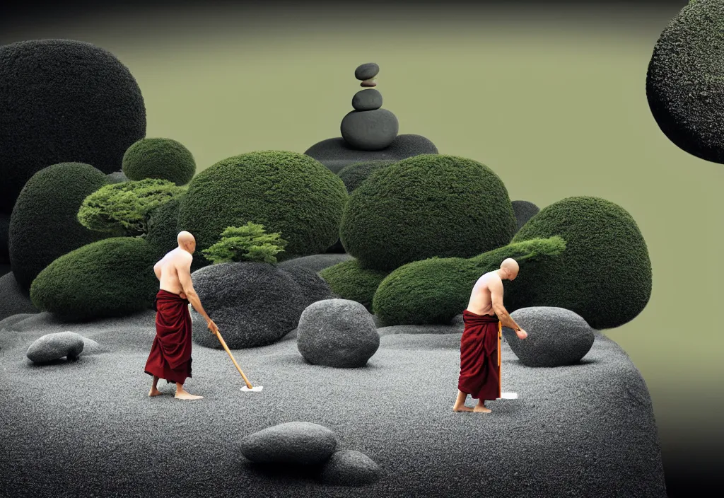 Image similar to portrait of a lone man monk raking stones in a zen garden kyoto, japan, a collage painting, in the style of wes anderson, lola dupre, david hockney, isolated on negative white space background dark monochrome fluorescent neon spraypaint accents volumetric octane render