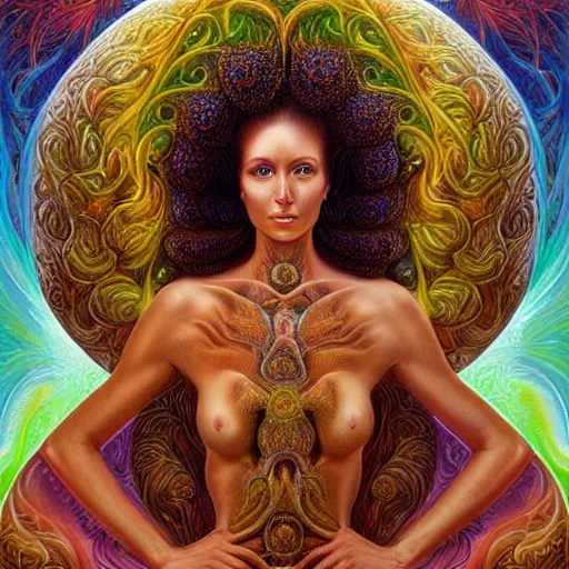 Prompt: perfectly centered portrait, front view of a beautiful biomechanical fractal mushroom goddess, female, flowing hair, intense stare, sweet smile, symmetrical, concept art, intricate detail, volumetric shadows and lighting, psychedelic colors, vibrant, realistic oil painting by tim hildebrandt,