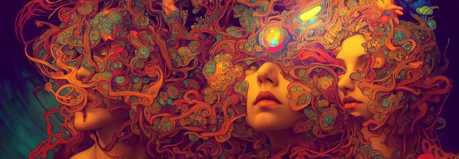 Image similar to An extremely psychedelic experience, colorful, surreal, dramatic lighting, psilocybin, LSD, centered, face, detailed, intricate, elegant, highly detailed, digital painting, artstation, concept art, smooth, sharp focus, illustration, art by Marco Plouffe, Krenz Cushart and Artem Demura and alphonse mucha