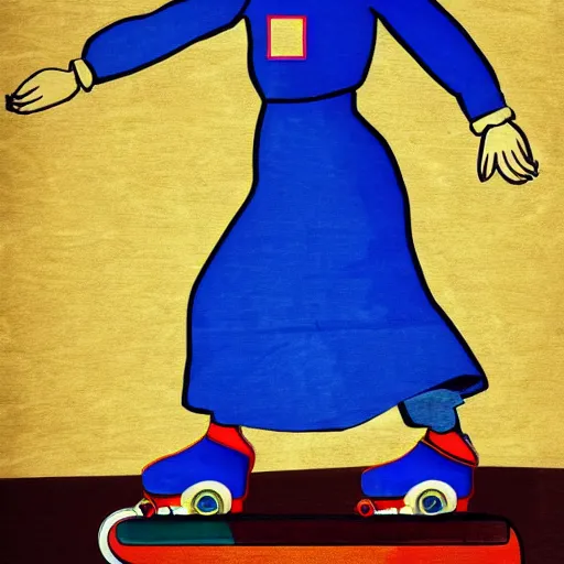 Prompt: blonde nun in blue clothes on roller skates, photorealistic, in the style of michaelangelo