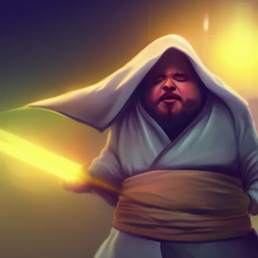Image similar to fat jedi wearing a robe, watching you breathe, concept art, backlight, rtx, artstation