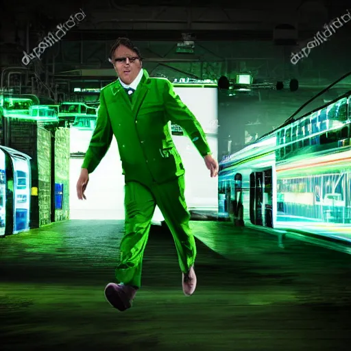 Image similar to man in green screen suit running away from a blue train, highly detailed, 4k, green neon lighting