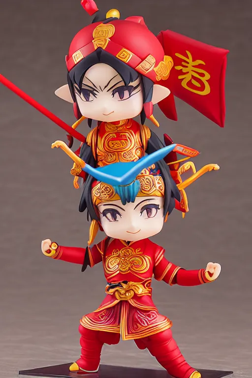 Image similar to arty chinese mythology ne zha nendoroid full body hyperdetalied, hero pose, osamu tezuka, macoto takahashi, chibi, q posket, 8 k realistic, 3 d, cryengine, exquisite, red cloth around his shoulders, hold spear, ne zha ( 2 0 1 9 ), fenghua zhong,