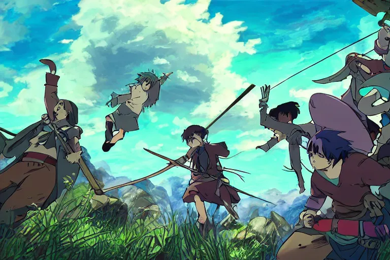 Image similar to cell shaded key visual of a group of adventurers being ambushed by monsters in a dungeon, in the style of studio ghibli, moebius, makoto shinkai,