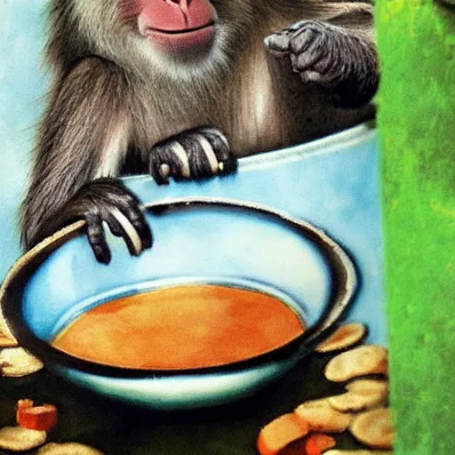 Image similar to a monkey swiming in a bowl of soup