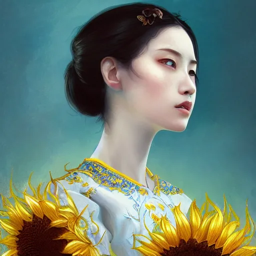 Image similar to taiwanese lady in white embroidered shirt, ukrainian national costume, filigree crown with blue and yellow textile embroidery sunflowers, intricate, elegant, digital painting, art nouveau, smooth, focus, rim light, charlie bowater, tom bagshaw, greg rutkowski