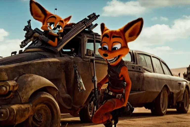 Image similar to nick wilde, heavily armed and armored facing down armageddon in a dark and gritty reboot from the makers of mad max : fury road