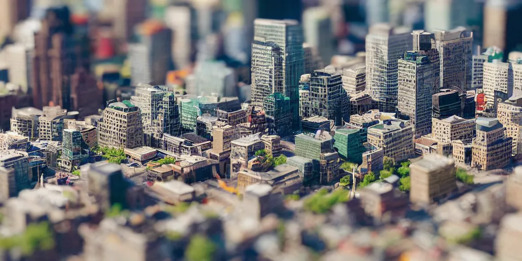 Image similar to a miniature diorama of downtown montreal, macro photography, tilt shift