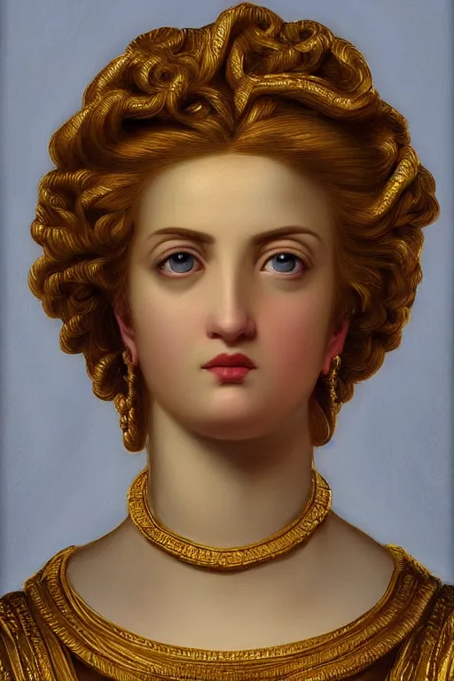 Image similar to Ruth, face closeup, ultra detailed, gold, dressed in roman clothes, ultra detailed, art by Guido Reni style