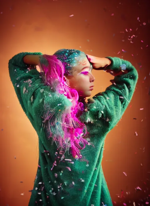 Prompt: a dramatic lighting photo of a beautiful young woman with cotton candy hair. confetti splashes. moody, melanchonic. with a little bit of green and black